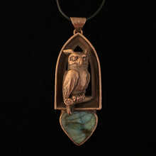 Load image into Gallery viewer, Horned Owl Totem on Arch Window Labradorite necklace
