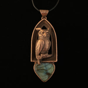 Horned Owl Totem on Arch Window Labradorite necklace