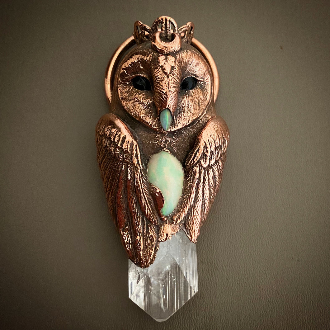 Barn Owl Totem Pendant with Danburite Crystal, White Opal Heartstone and Opal beak