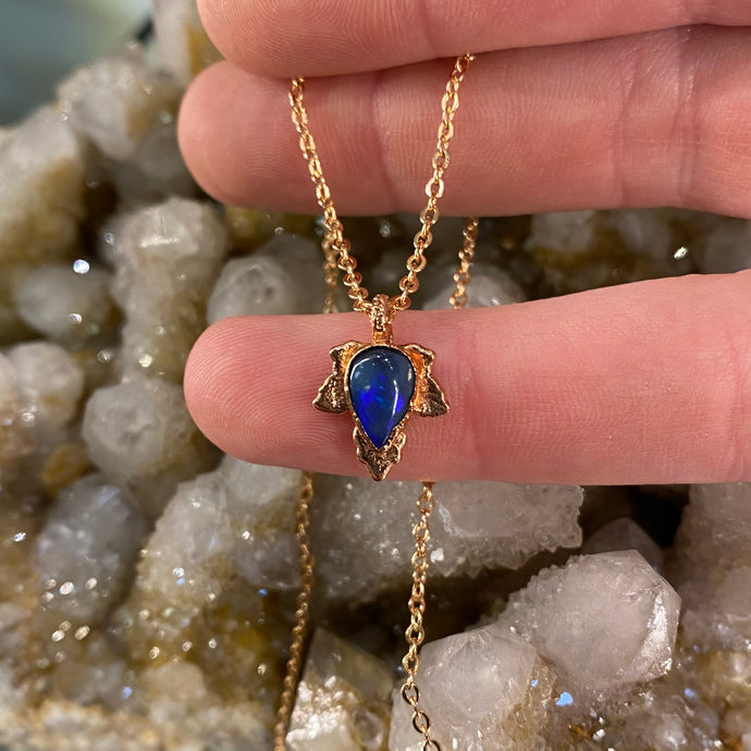 Black Opal Leaf Relic Pendant  Necklace