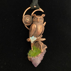 Horned Owl Totem with hand carved Opal Flower and Spirit Quartz necklace