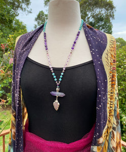 Rose Quartz arrowhead and Amethyst Mala necklace