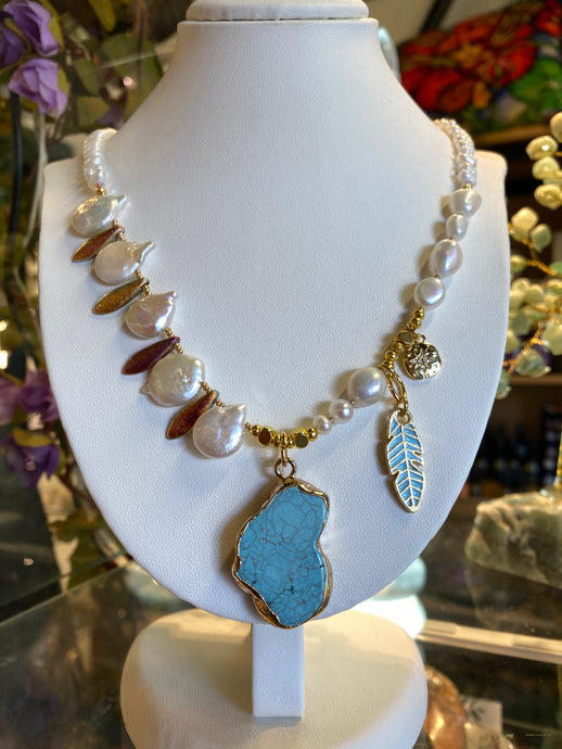 Blue Howlite & Coin/Rice Pearl beaded necklace