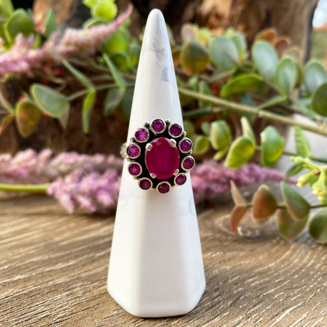 Ruby Flower sterling silver ring