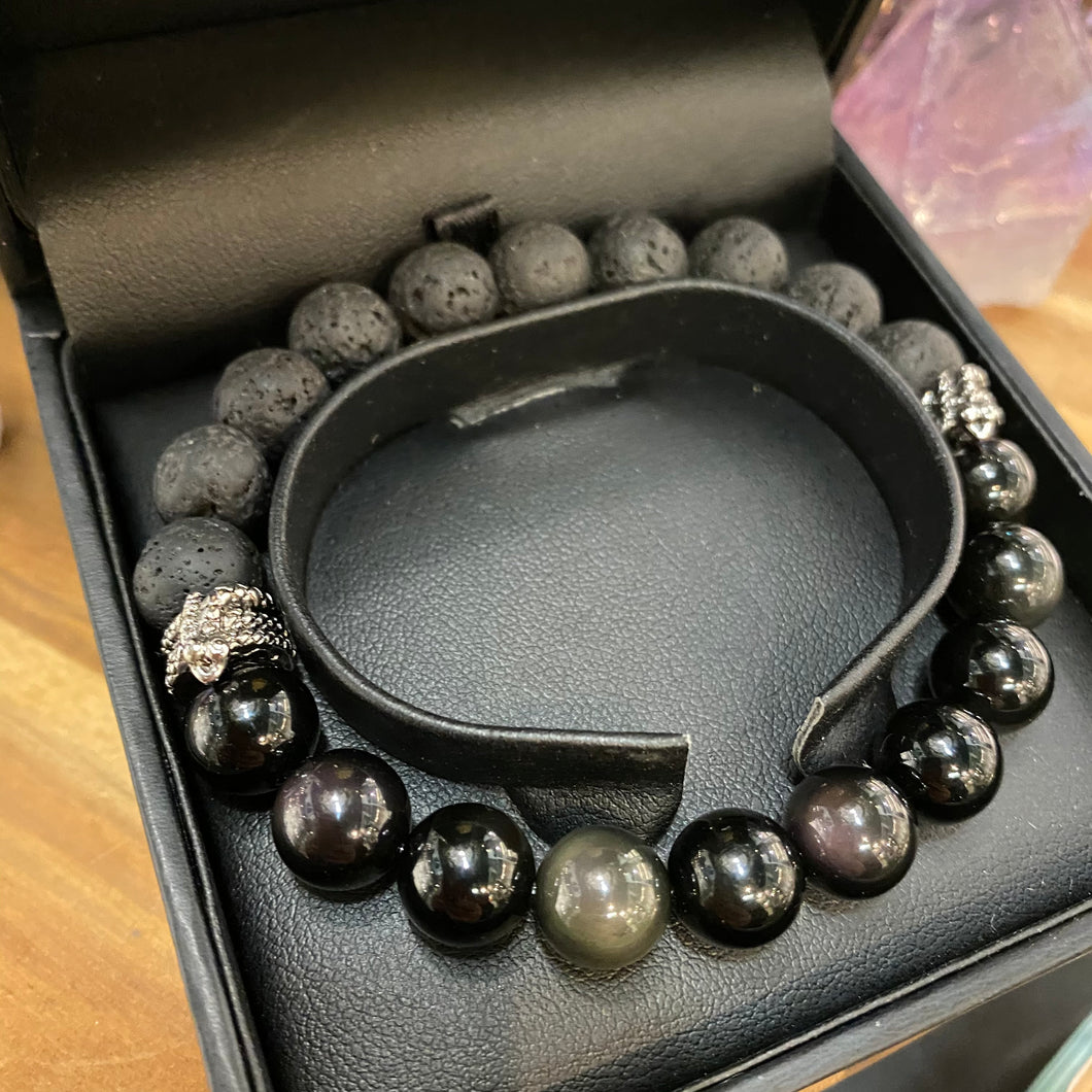 Rainbow Obsidian & Lava bead unisex bracelet