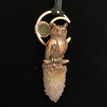 Load image into Gallery viewer, Horned Owl Totem with Moldavite and Spirit Quartz necklace