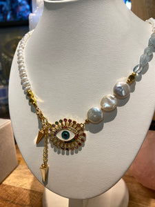 Aquamarine, Coin Pearl and Fresh water Pearl necklace