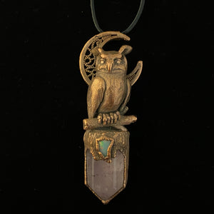 Horned Owl Totem with Opal and Amethyst necklace