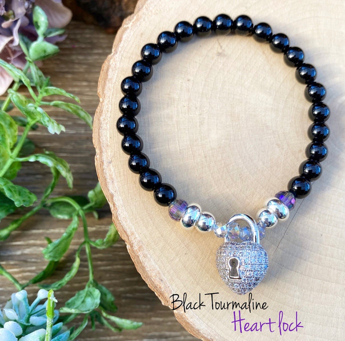 Black Tourmaline- Heart Lock Crystal bracelet