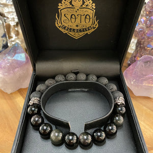 Rainbow Obsidian & Lava bead unisex bracelet
