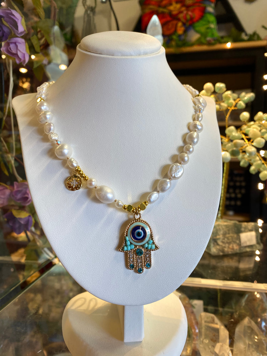 Freshwater Pearl/ Rice Pearl Hamsa necklace