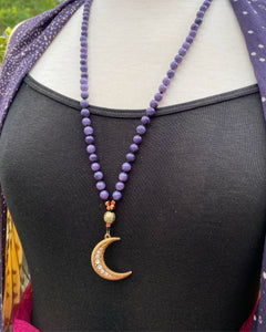 Purple Mashan Jade crescent moon mala