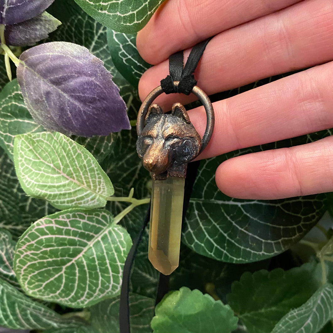Wolf Totem pendant with natural Citrine/ Smoky Quartz crystal