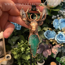 Load image into Gallery viewer, &#39;King of the Forest&#39; Stag Totem pendant with Chrysoprase and Clear Quartz crystals