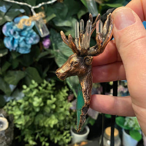 'King of the Forest' Stag Totem pendant with Chrysoprase and Clear Quartz crystals